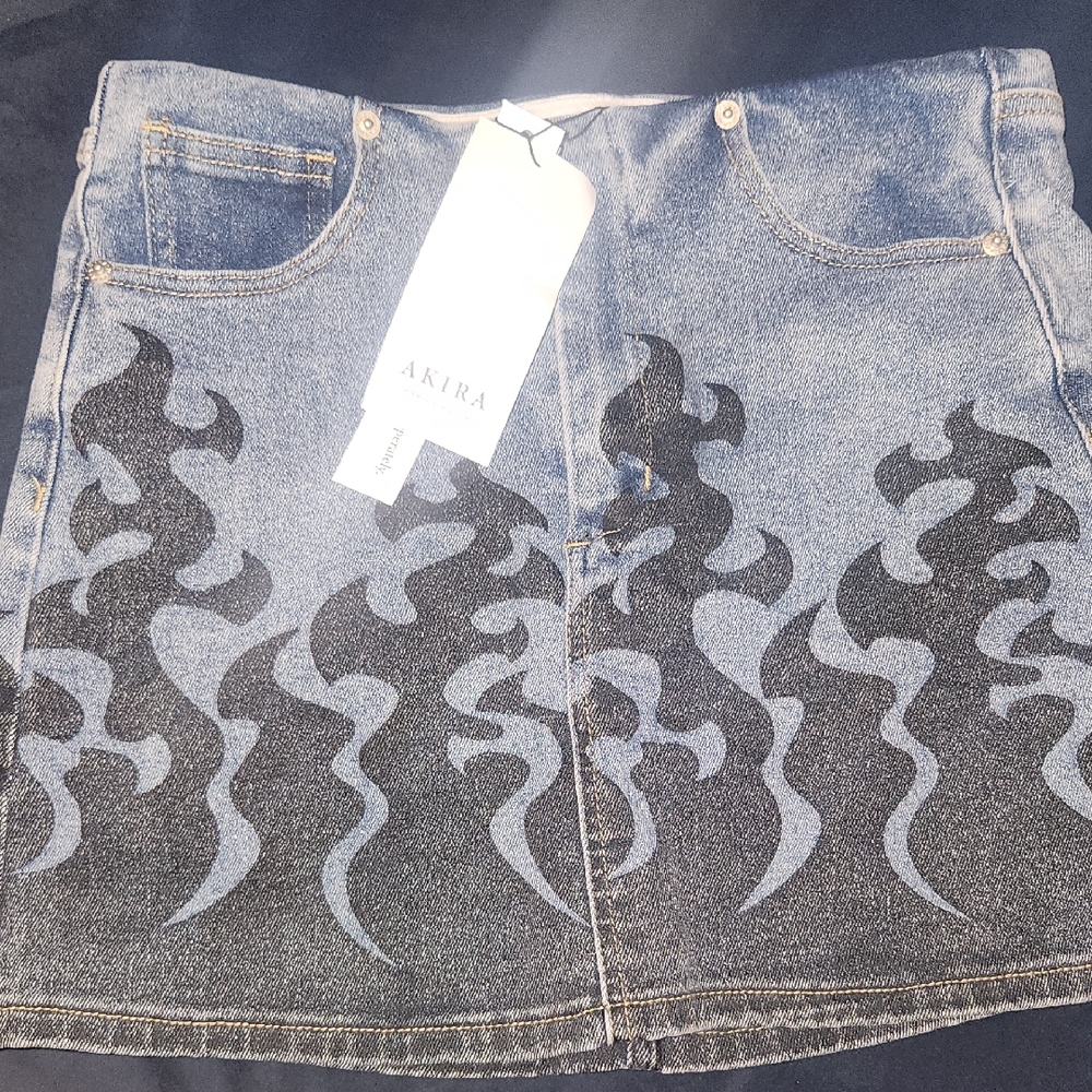 AKIRA Denim Mini Skirt with Black Flame Pattern